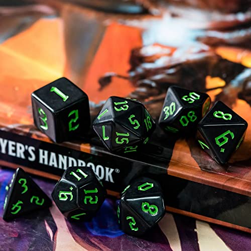 7-Die DND Dice Set Polyhedral Dice Set with a Leather Dice Bag, D&D Dice Set for RPG Table Games (Black) - color: Black