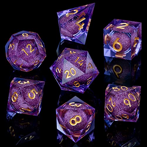 ARUOHHA DND Liquid Core Dice, 7pcs Resin Sharp Edged Dice Set RPG Translucent Polyhedral D and D Dice, Role Playing Dice Set D20 D12 D10 D8 D6 D4 with Gift Box - color: Purple Gold