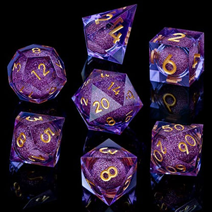 ARUOHHA DND Liquid Core Dice, 7pcs Resin Sharp Edged Dice Set RPG Translucent Polyhedral D and D Dice, Role Playing Dice Set D20 D12 D10 D8 D6 D4 with Gift Box - color: Purple Gold