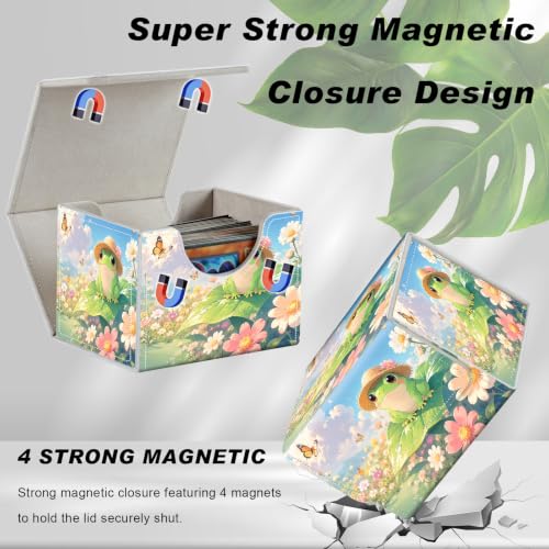 Magnetic Closure TCG Deck Box Portable Card Holder Trading Card Deck Box | PU Leather Collectible Card Case Game Trading Card Deck Box Storage Scratch Resistant Lining, Cute Green Frog Daisy Flower - color: Cute Green Frog Daisy Flower