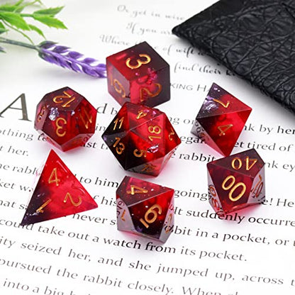 Haxtec Sharp Edge DND Dice Set, Silver Flakes Resin Polyhedral RPG Dice | Wine Red D&D for Table Games, Compatible with Dungeons and Dragons, Handmade 7-Die with Metal Case, MTG Gifts, War Series - color: Purple Red Black