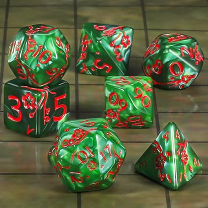 CiaraQ 7pcs Polyhedral Dice Set for Dungeon and Dragons MTG Table Games | Acrylic Role Playing Dice for D&D with Black Velvet Bag – Green Pearl with Red Numbers & Plum Blossom Patterns - color: Green and Red Floral Dice