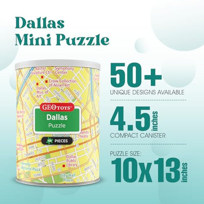 Geotoys Dallas Mini City Puzzle - 100 Piece Puzzles for Kids and Adults in Portable Can, 13" x 10" Educational Travel Puzzle for Ages 7 and Up - Mini Puzzles to Learn & Explore Geography - style: Dallas