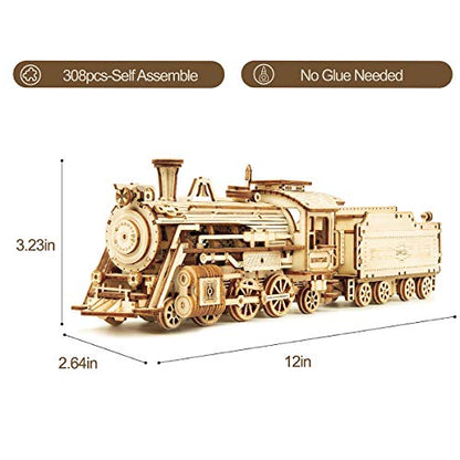 ROKR 3D Wooden Puzzle for Adults-Mechanical Train Model Kits-Brain Teaser Puzzles-Vehicle Building Kits-Unique Gift for Teens on Birthday/Christmas Day(1:80 Scale)(MC501-Prime Steam Express)