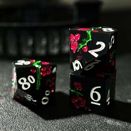 HAOMEJA Resin Flower Dice Set 7pcs/ Sharp Edged Polyhedral Dice/Apply to D&D/DND/RPG-MTG/Role Playing Table Game/Easter/Halloween Party Gift (Black) - color: 7 Black