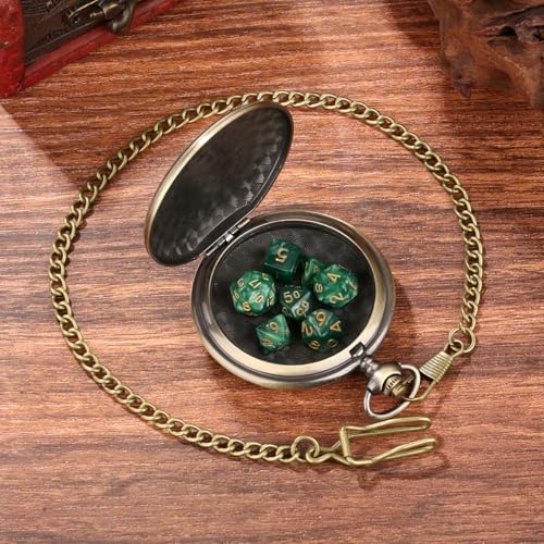 Acrylic DND Dice Set, Retro Dragon Pocket Watch Dice Set with Chain, 7pcs Polyhedral Dice, DND Starter Set, RPG Board Game Accessories, D&D Gifts for Fantasy Gamer, Gifts for Men Women, Green Dice - color: 3 Dragon Head C