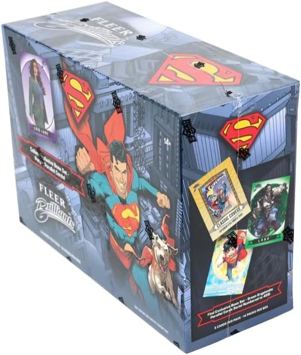 2025 Fleer Brilliants Superman Series Factory Sealed 70 Card Mega Box with Chance for Exclusive Purple Parallel Cards and Green Kryptonite Parallels Plus