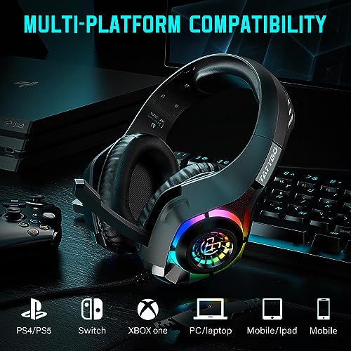 Tatybo Gaming Headset for PS4 PS5 Xbox One PC, Over-Ear Gaming Headphones with Surround Sound, Noise Canceling Mic, RGB Light
