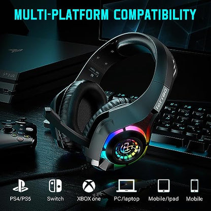 Tatybo Gaming Headset for PS4 PS5 Xbox One PC, Over-Ear Gaming Headphones with Surround Sound, Noise Canceling Mic, RGB Light