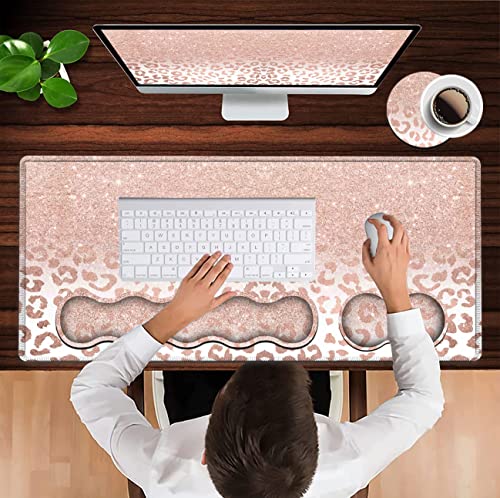 Large Mouse Pad and Gel Mouse Wrist Rest+ Memory Foam Keyboard Wrist Rest Support Set, Non-Slip Rubber Base for Office,Home,Computer, Extended Gaming Mousepads XXL Leopard Star Pattern Pink Desk Mat - color: JV-mouse pad-8-17