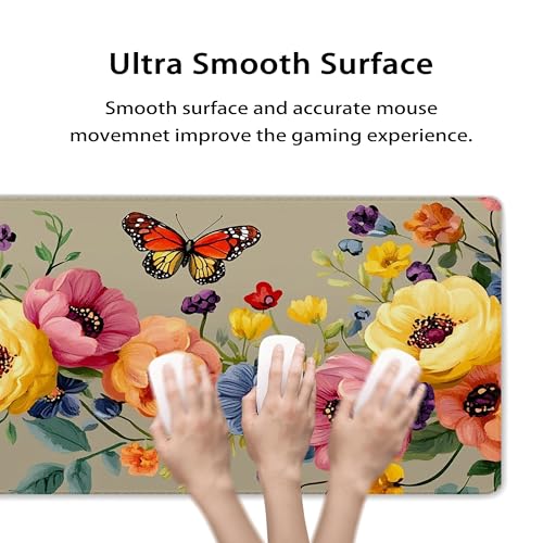 31.5”x11.8”Large Gaming Mouse Pad for Desk, Mouse Mat with Seamed Edges, Waterproof Desk Pad, Non-Slip Rubber Base, Keyboard Pad Computer Mat, Big XL Mousepad-Boho Floral with Butterflies - color: Boho Floral With Butterflies