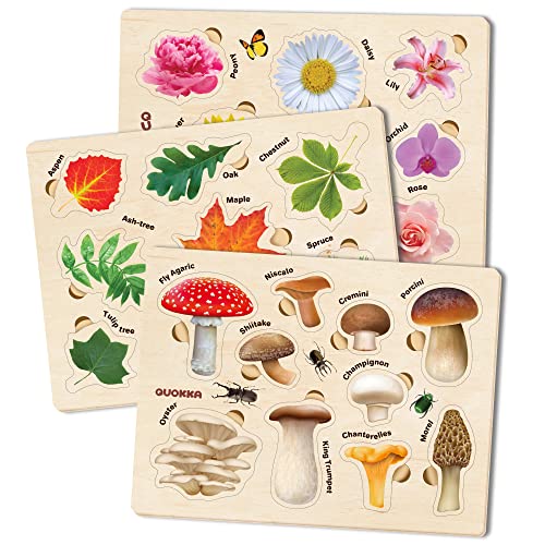 Wooden Puzzles for Toddlers 2-4 - 3 Montessori Kids Puzzles Ages 3-5 | Realistic Wood Educational Baby Puzzles 12-18 Months – Learning Toddlers Puzzles with Mushrooms Flowers Leaves - color: Realistic Mushrooms