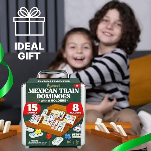 Queensell Mexican Train Dominoes Set Double 15 with 8 Holders - Wooden Hub and Tiles Holders - Double 15 with Dots (D15 + 8 Holders) - style: D15 + 8 Holders