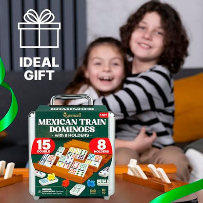 Queensell Mexican Train Dominoes Set Double 15 with 8 Holders - Wooden Hub and Tiles Holders - Double 15 with Dots (D15 + 8 Holders) - style: D15 + 8 Holders