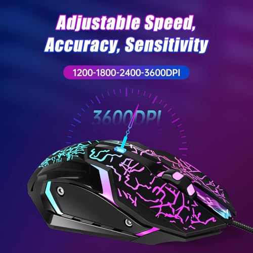 Wired Gaming Mouse,Ergonomic Optical Gaming Mice with 7 Color LED Backlight, 4 DPI Settings Up to 3600 DPI Computer Wired USB Mouse for Laptop/mac, 6 Buttons, Black - color: Wired Black