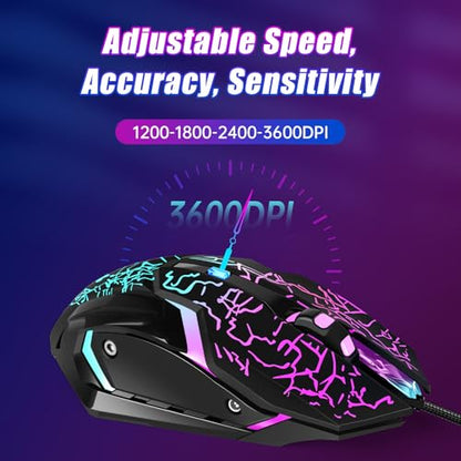 Wired Gaming Mouse,Ergonomic Optical Gaming Mice with 7 Color LED Backlight, 4 DPI Settings Up to 3600 DPI Computer Wired USB Mouse for Laptop/mac, 6 Buttons, Black - color: Wired Black