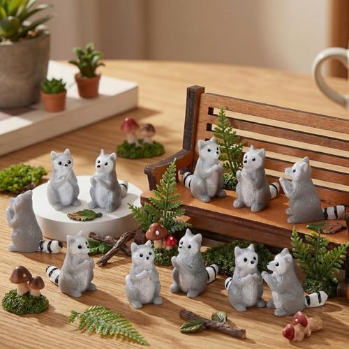 Seenelling 50 Pcs Mini Raccoon Figurine Bulk Resin Miniature Tiny Animals Figures Small Little Cute Raccoon Home Decor for Cabin Lodge Rustic Cake Toppers Desktop Home Decor(Stand) - style: Stand