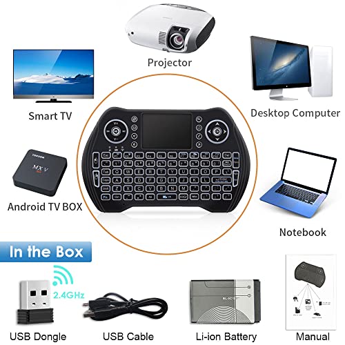 BL Mini Wireless Keyboard with Touchpad and Mouse Combo, Backlit Handheld Keyboard Remote for Android TV Box Smart TV PC HTPC Laptop Tablet Projector PS3 Raspberry Pi Windows Mac XBox, with USB Dongle