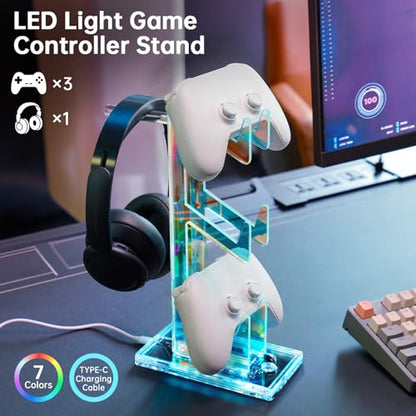 NiHome Controller Holder & Headphone Stand, LED Acrylic 3-Tier Gaming Desk | USB-Powered 7 Colors 3 Modes, Anti-Slip Headset Cable Management, Gamer Gift For PS5 Xbox - size: 3-Tier