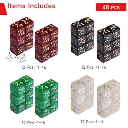 SIXPOINTS 48Pcs 12mm MTG Counter Dice Plus 1 Life Counters +1/+1 Tokens 4 Color 6 Sided Dice Set with Case for Magic The Gathering, MTG, TCG, Card Games Accessories (White &Black &Red &Green) - color: White &Black &Red &Green