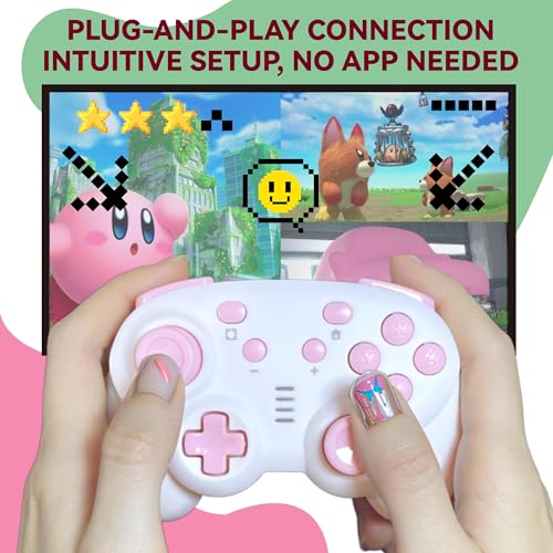 turbX Mini Mate Wireless Gaming Controller, Nintendo Switch Gamepad Joystick & Wired PC Windows Steam, Complimentary LED RBG Charging Stand w. Glowing Light, 6-Axis Gyro, 3D Joystick, Cute Pink - color: Pink