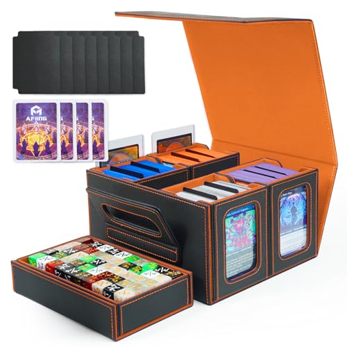 AFIING Commander Deck Box For Mtg Fits 400+ Double-Sleeved Cards, 5-in-1 TCG Storage Box with Removable Deck Case, 4 Toploaders, Dice Tray & Handle for TCG/Sports Cards (Black orange) - color: Black orange