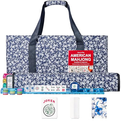 American Mahjong Set,166 Premium Acrylic Tiles with Blue Prints, 4 All-in-One Color Rack/Pushers, Complete Mahjong Game Set with Floral Blue Carrying Bag
