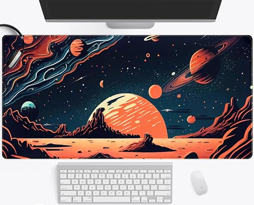 Painted Planets Desk Mat Outer Space Desk Pad, Orange Black Gaming Mouse Pad, Large Keyboard Mouse Mat Work Game, Deskmat with Stitched Edges XXL, Fun Office Decor Desk Accessories 31.5"x15.75" - color: Orange Space Planets