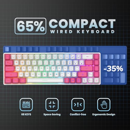 GEODMAER 65% Gaming Keyboard, LED Backlit Mini Wired Keyboard, Ultra-Compact Anti-Ghosting No-Conflict 68 Keys Membrane Gaming Wired Keyboard for PC Laptop Windows Gamer(White-Pink) - color: White-Pink