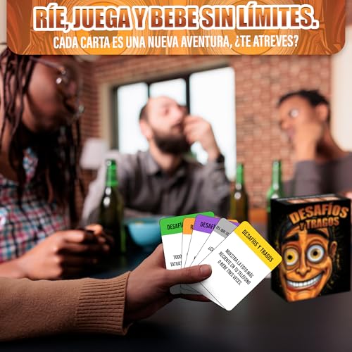 Desafíos y Tragos – Juego de cartas para adultos | Juegos de mesa en español con Alcohol | Drinking Game para Fiestas, Bachelorette, parejas, cumpleaños | Tragos y retos Latinos Divertidos