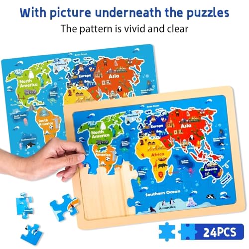 Wooden Puzzles for Toddlers 3-5,6 in 1 Jigsaw Wooden Solar System Puzzles for Ages 4-6,Preschool Educational Brain Toys Birthday Gifts for Boys and Girls 2 4 3 5 Year Old（World Map） - style: World Map