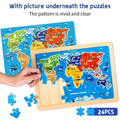 Wooden Puzzles for Toddlers 3-5,6 in 1 Jigsaw Wooden Solar System Puzzles for Ages 4-6,Preschool Educational Brain Toys Birthday Gifts for Boys and Girls 2 4 3 5 Year Old（World Map） - style: World Map