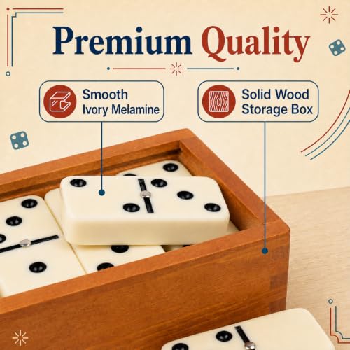 Smilejoy Jumbo Dominoes Set for Adults, Double 6 Domino with Wooden Box | 28 Jumbo Retro Ivory tiles, Prime wood Box, Metal Spinner,recessed mark, for 2-4 players, Board Game,Festival Gift choice