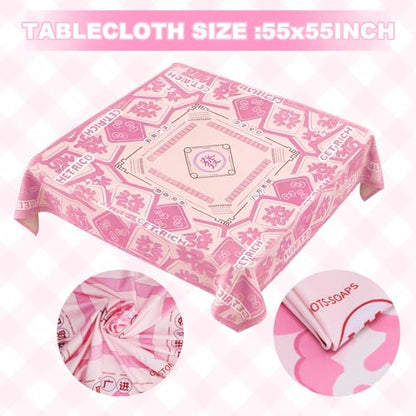 Mahjong Tablecloth Florals Card Table Cloth 55x 55 Inch Square Tablecloth Game Table Cover with Game Rules for Mahjong Beginners, Card, Board Tile Games (Pink)