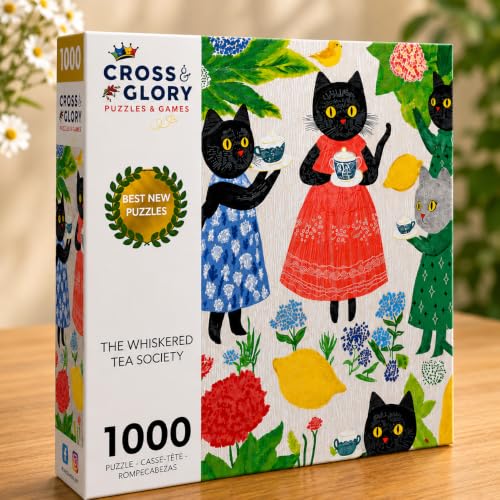 Cross & Glory | 1000 Piece Jigsaw Puzzles for Adults | The Whiskered Tea Society | Whimsical Cat Puzzles for Adults | Garden Tea Party Scene | Satin Finish Cat Puzzle | Ages 14+ - color: The Whiskered Tea Society