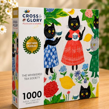 Cross & Glory | 1000 Piece Jigsaw Puzzles for Adults | The Whiskered Tea Society | Whimsical Cat Puzzles for Adults | Garden Tea Party Scene | Satin Finish Cat Puzzle | Ages 14+ - color: The Whiskered Tea Society