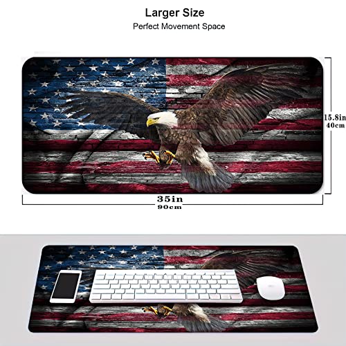 Patriotic Desk Mat,American Flag Gaming Mouse Pad,XXL Extended Mouse Pad Mat for Office,Computer,Keyboard with Non-Slip Base Stitched Eges Mousepad 35''×15.7''×0.12'' - color: American Flag Eagle Spreads Wings
