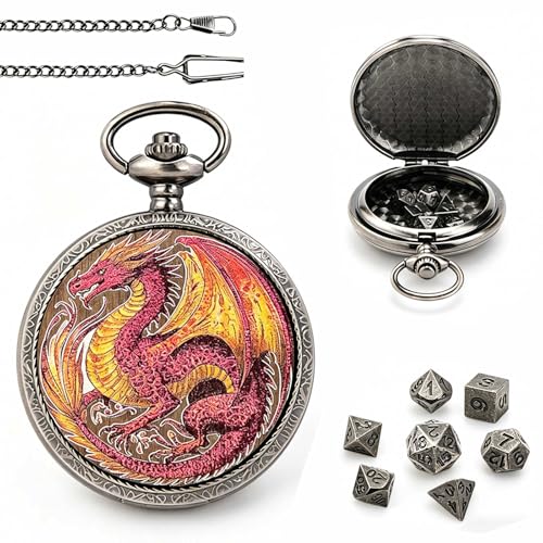 DragonSword D&D Dice Set with Pocket Watch Case, 7PCS Metal Dice Set for DND, Mini Dice with Gifts Case, Role Playing Board Games Accessories Gifts (Fire Dragon B) - color: Fire Dragon B