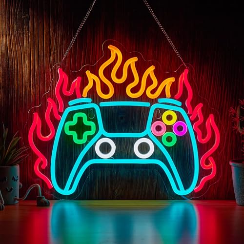Gamer Neon Sign, Gamepad LED Sign, Flaming Game Controller LED Light for Gamer Room Decor, Neon Gaming Signs for Wall Decor Gifts for Teens Boys Kids - color: Red Orange