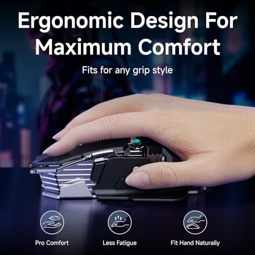 EWEADN G5 Tri-Mode Wireless Gaming Mouse, 12800 DPI Programmable Ergonomic Mouse with Metal Base for Stability, 500mAh Rechargeable, 8 Macro Buttons, Rapid Fire Key, RGB Backlit for FPS PC Mac - Black - color: Black