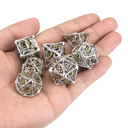 DND Dice,Hollow D&D Metal Dice,Dungeons and Dragons Dice Set with Gift Box,7 PCs Steampunk Polyhedral Dice Games Set for RPG,MTG,Pathfinder,(Dragon Silver Golden) - color: Dragon Silver Golden