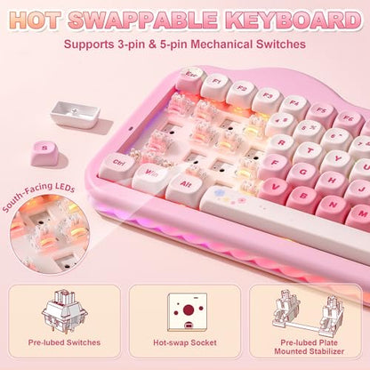 YUNZII C75 Wireless Mechanical Keyboard,75% Layout, Hot-Swappable NKRO,BT5.0/2.4G/USB-C Mode,Dye-Sub PBT MOA Keycaps,RGB Gasket Mount,Cute Cake Design for Mac/Win/Gaming (Pink, Milk V2 Switch) - color: Pink, size: Milk V2 Switch