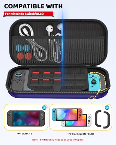 Switch 2 Slim Hard Shell Carry Case for Nintendo Switch 2 2025/Switch/OLED | Hard Shell Carrying Case with Soft Lining, 10 Card Slots, Durable Ballistic Nylon, Soft Silicone Handle, Switch2 Carry Case - color: Blue