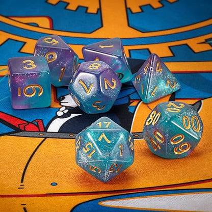 QMAY DND Dice Set -D&D Polyhedral Dice (7 Pcs) for Dungeons and Dragons (Purple Light Blue Glitter) - color: Purple Light Blue Glitter
