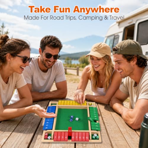 Shut the Box Game, 8.7" Portable Wooden Board Game with Upgraded Mechanics (+, −, +/−, Re-Roll), Math Dice Game for Kids, 2–4 Players, for Classroom, Travel & On-the-Go Play