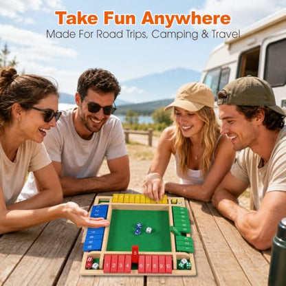 Shut the Box Game, 8.7" Portable Wooden Board Game with Upgraded Mechanics (+, −, +/−, Re-Roll), Math Dice Game for Kids, 2–4 Players, for Classroom, Travel & On-the-Go Play