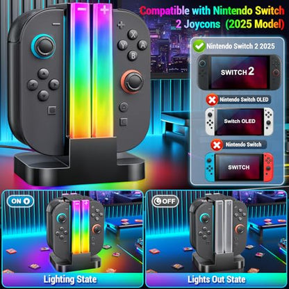 Switch 2 Controller Charger Dock Compatible with Nintendo Switch 2 with 6 RGB Light Modes & Timer Function, Charger Station with Type-C Cable - size: 5.5''