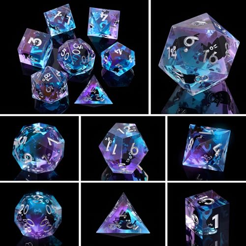 DND Dice Set, 7 Pcs Sharp Edge D&D Dice Polyhedral Resin Cat Dice for Dungeons and Dragons RPG MTG Role Playing Table Games - color: Blue-4