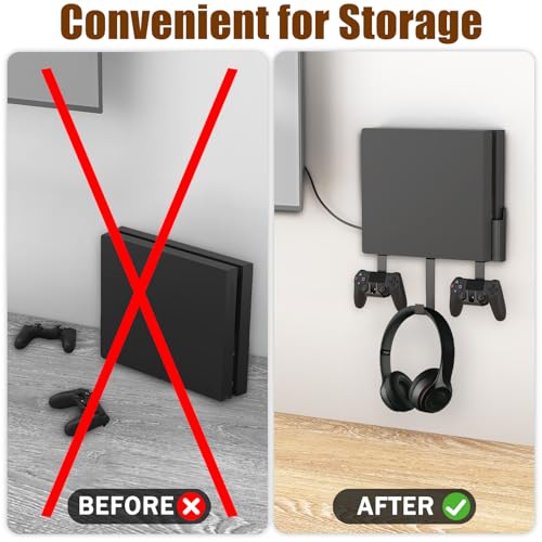 PS4 FAT Wall Mount Bracket, Wall Mount Compatible Only with PS4 Original Old Model CUH-1000/1100/1200, with 2 Controller Holders & Headset Hanger, Space Saving TV Side Mount