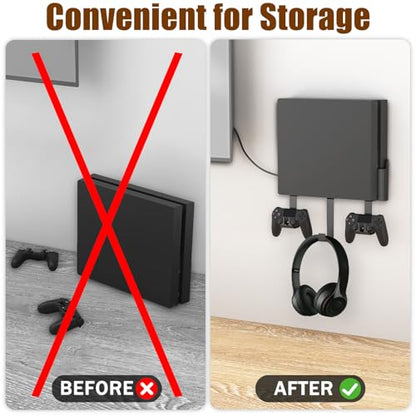 PS4 FAT Wall Mount Bracket, Wall Mount Compatible Only with PS4 Original Old Model CUH-1000/1100/1200, with 2 Controller Holders & Headset Hanger, Space Saving TV Side Mount